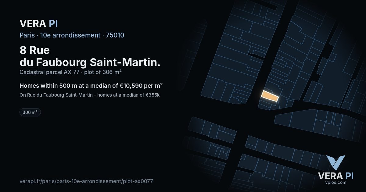 8 Rue du Faubourg Saint-Martin, 10e arrondissement at night – the plot lit, the parcels around coloured by the prices near them