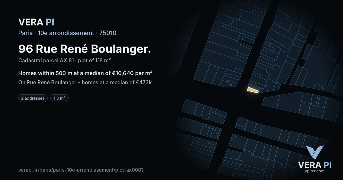 96 Rue René Boulanger, 10e arrondissement at night – the plot lit, the parcels around coloured by the prices near them