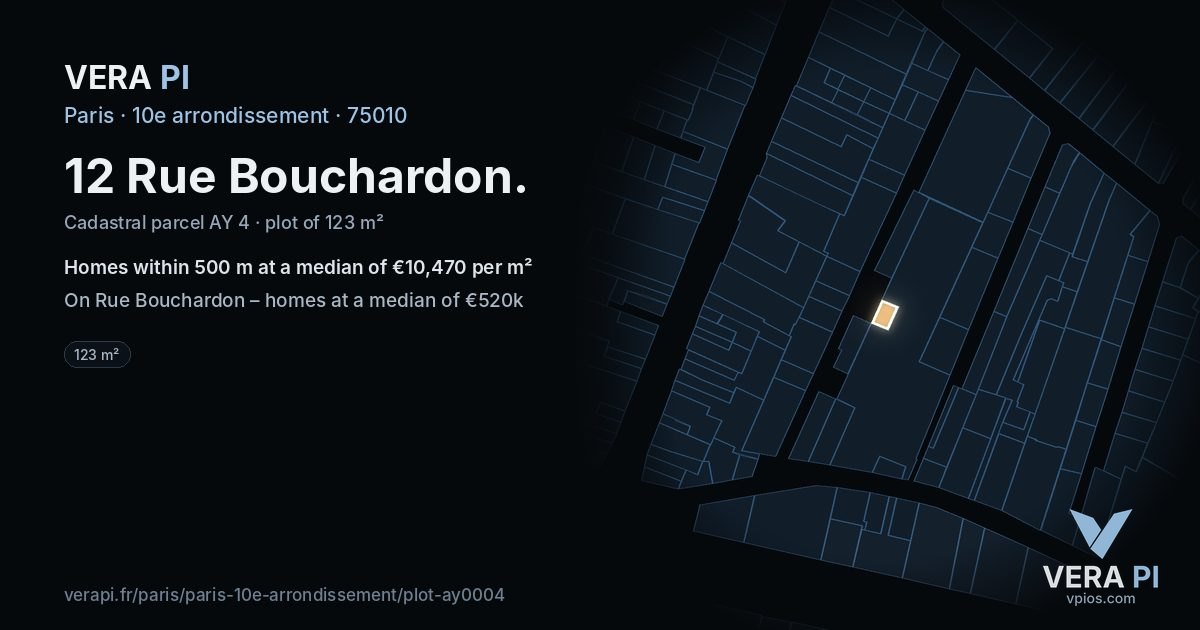 12 Rue Bouchardon, 10e arrondissement at night – the plot lit, the parcels around coloured by the prices near them