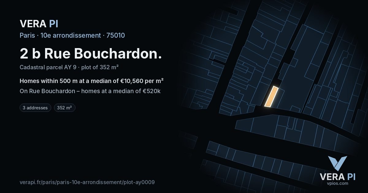 2 b Rue Bouchardon, 10e arrondissement at night – the plot lit, the parcels around coloured by the prices near them