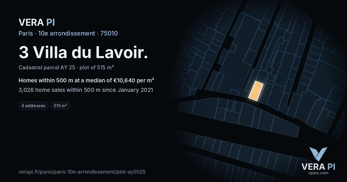 3 Villa du Lavoir, 10e arrondissement at night – the plot lit, the parcels around coloured by the prices near them