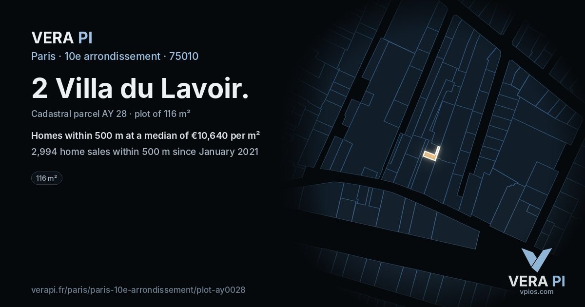2 Villa du Lavoir, 10e arrondissement at night – the plot lit, the parcels around coloured by the prices near them