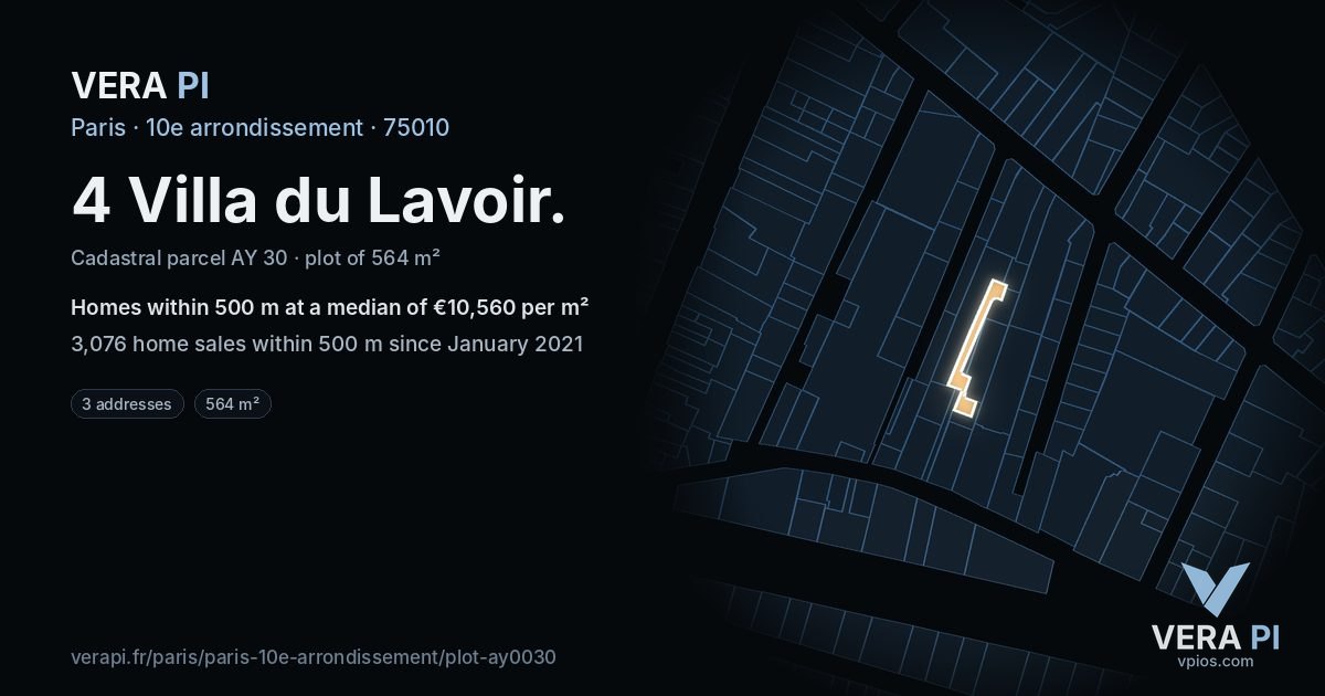 4 Villa du Lavoir, 10e arrondissement at night – the plot lit, the parcels around coloured by the prices near them
