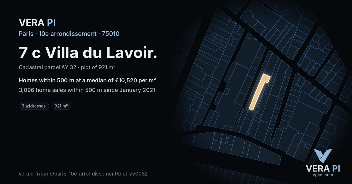 7 c Villa du Lavoir, 10e arrondissement at night – the plot lit, the parcels around coloured by the prices near them