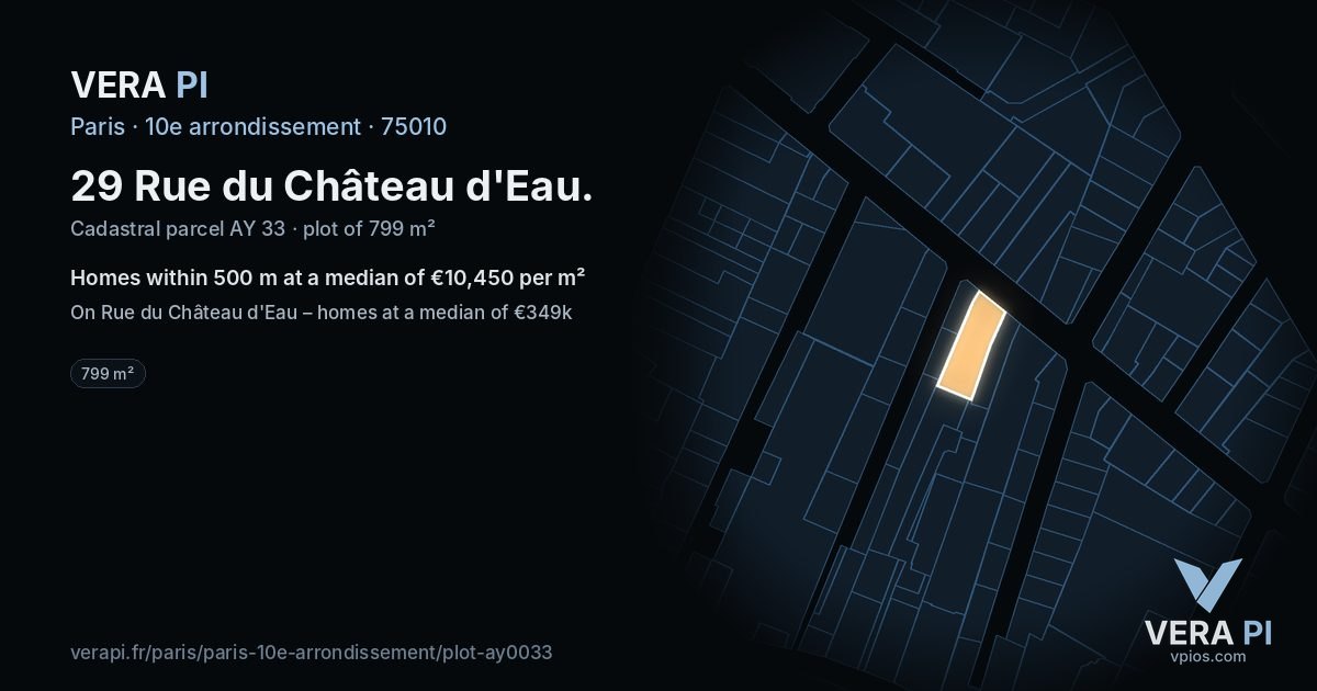 29 Rue du Château d'Eau, 10e arrondissement at night – the plot lit, the parcels around coloured by the prices near them