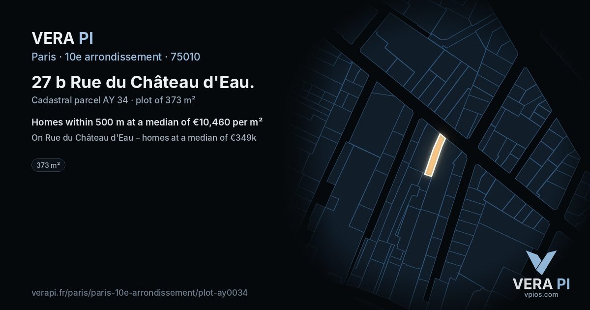 27 b Rue du Château d'Eau, 10e arrondissement at night – the plot lit, the parcels around coloured by the prices near them