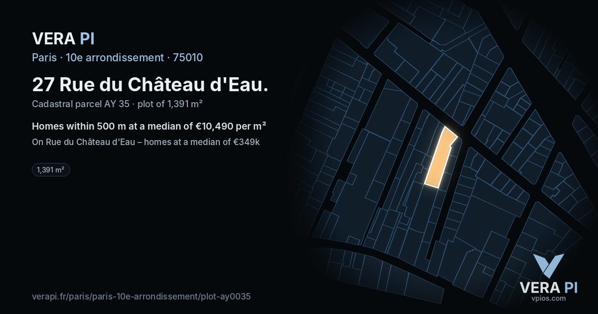 27 Rue du Château d'Eau, 10e arrondissement at night – the plot lit, the parcels around coloured by the prices near them