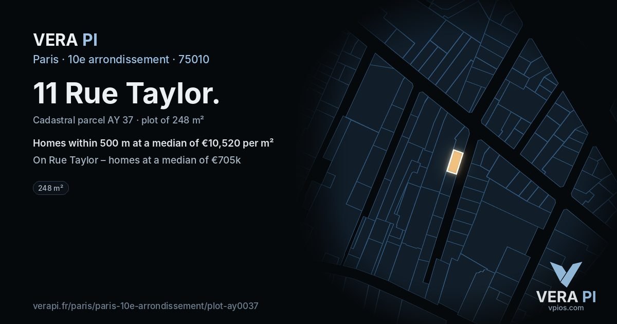 11 Rue Taylor, 10e arrondissement at night – the plot lit, the parcels around coloured by the prices near them
