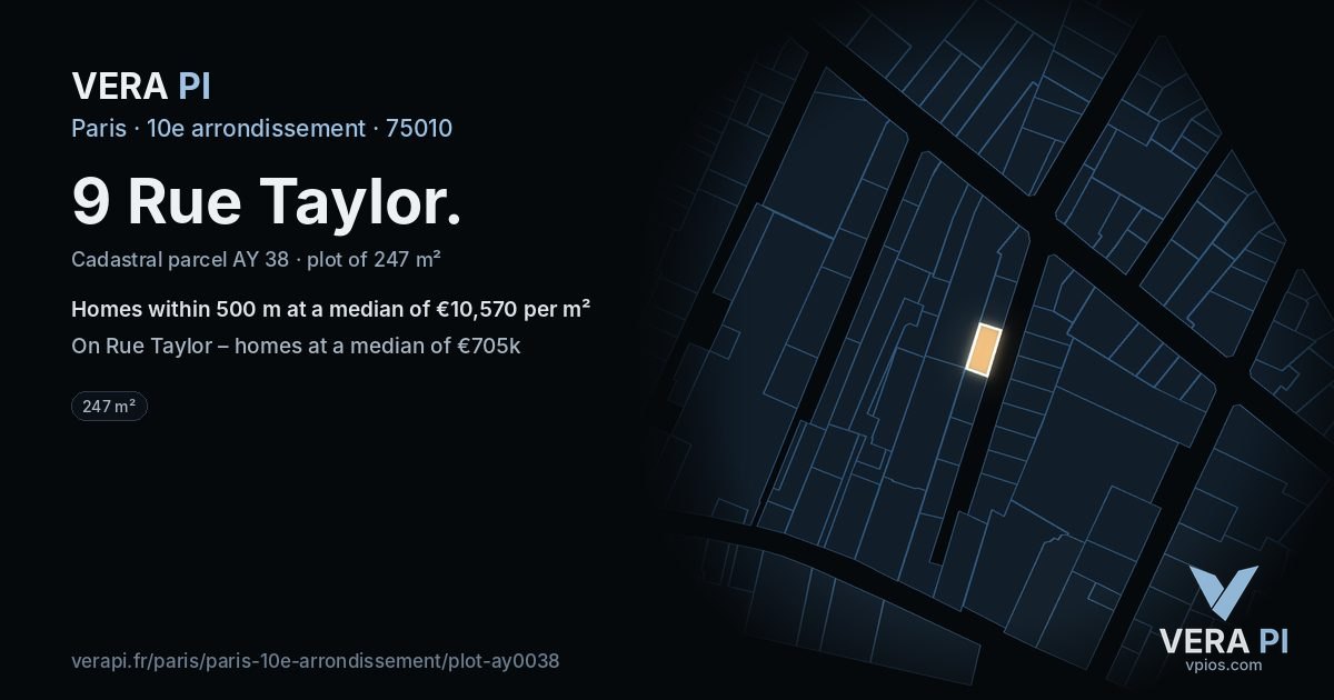 9 Rue Taylor, 10e arrondissement at night – the plot lit, the parcels around coloured by the prices near them