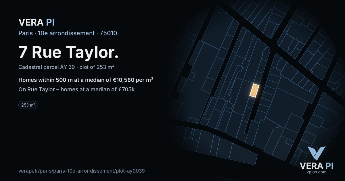7 Rue Taylor, 10e arrondissement at night – the plot lit, the parcels around coloured by the prices near them