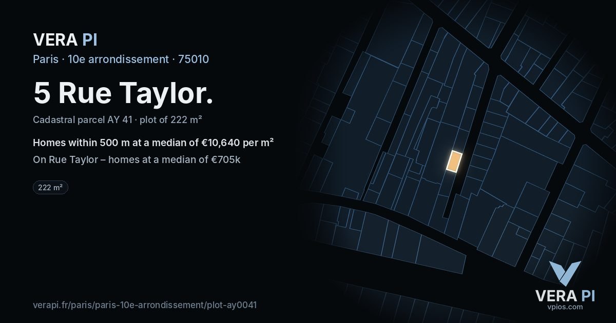 5 Rue Taylor, 10e arrondissement at night – the plot lit, the parcels around coloured by the prices near them