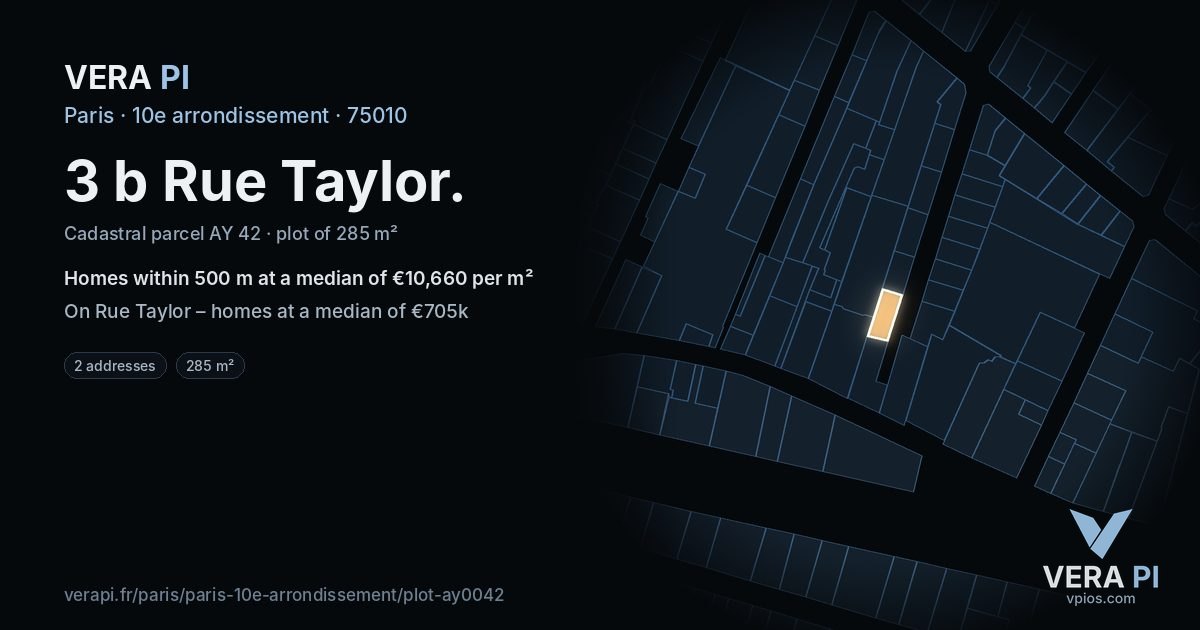 3 b Rue Taylor, 10e arrondissement at night – the plot lit, the parcels around coloured by the prices near them