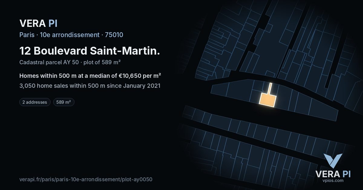 12 Boulevard Saint-Martin, 10e arrondissement at night – the plot lit, the parcels around coloured by the prices near them