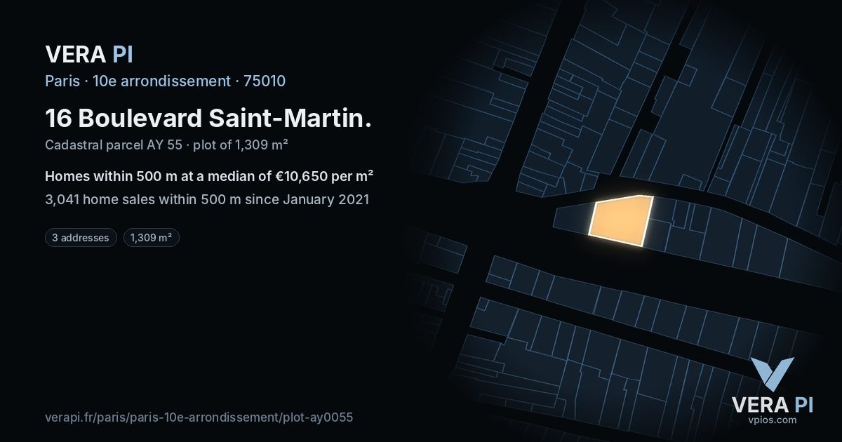 16 Boulevard Saint-Martin, 10e arrondissement at night – the plot lit, the parcels around coloured by the prices near them