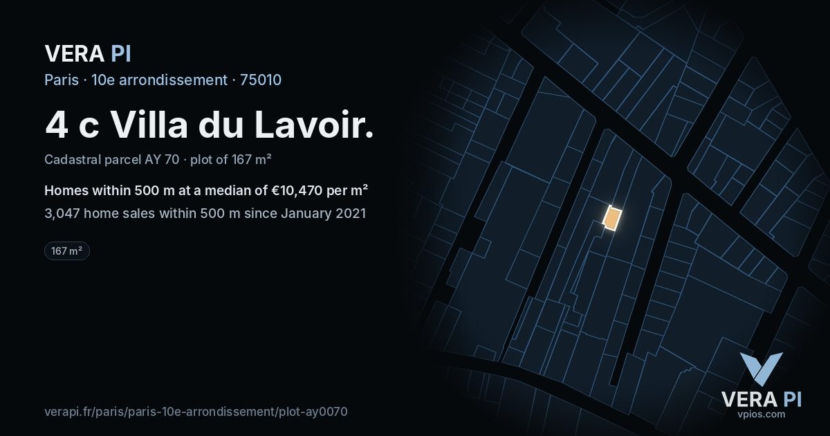 4 c Villa du Lavoir, 10e arrondissement at night – the plot lit, the parcels around coloured by the prices near them