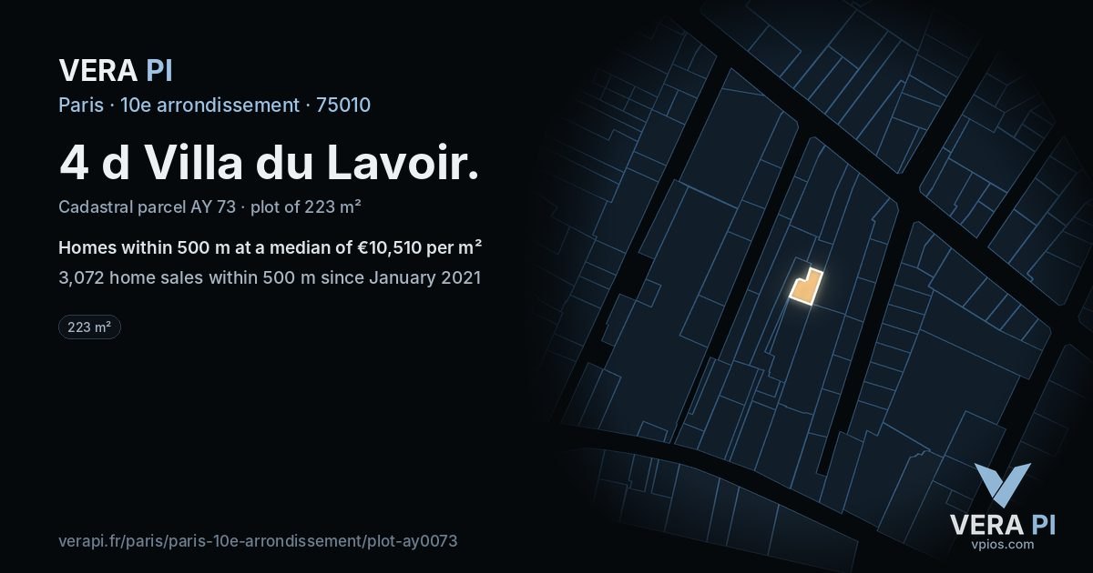 4 d Villa du Lavoir, 10e arrondissement at night – the plot lit, the parcels around coloured by the prices near them