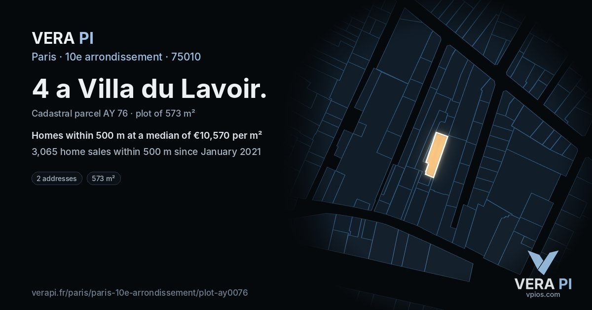 4 a Villa du Lavoir, 10e arrondissement at night – the plot lit, the parcels around coloured by the prices near them