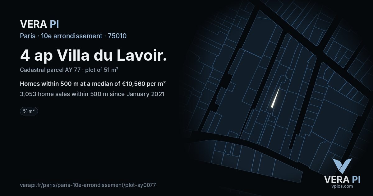 4 ap Villa du Lavoir, 10e arrondissement at night – the plot lit, the parcels around coloured by the prices near them