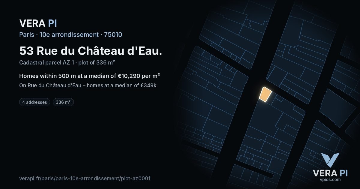 53 Rue du Château d'Eau, 10e arrondissement at night – the plot lit, the parcels around coloured by the prices near them
