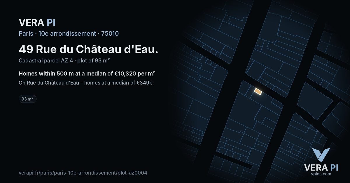 49 Rue du Château d'Eau, 10e arrondissement at night – the plot lit, the parcels around coloured by the prices near them