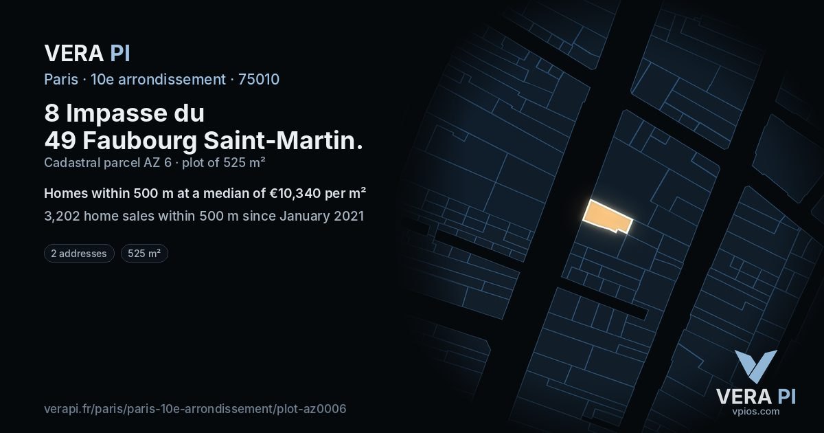 8 Impasse du 49 Faubourg Saint-Martin, 10e arrondissement at night – the plot lit, the parcels around coloured by the prices near them