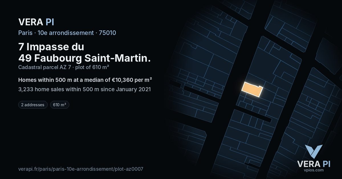 7 Impasse du 49 Faubourg Saint-Martin, 10e arrondissement at night – the plot lit, the parcels around coloured by the prices near them