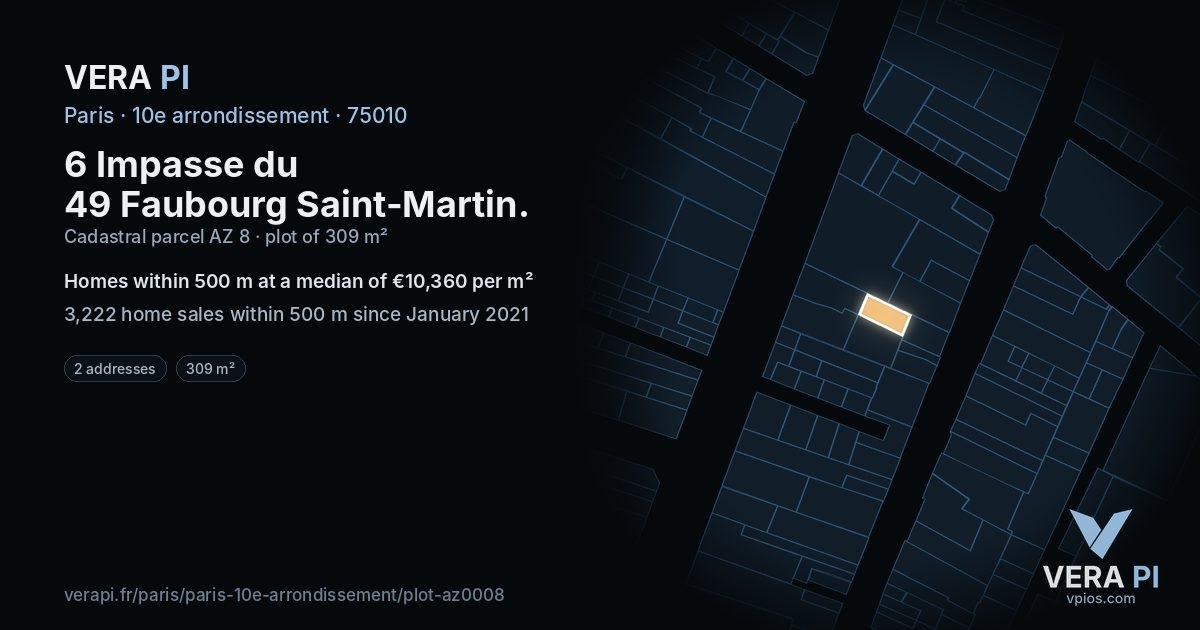 6 Impasse du 49 Faubourg Saint-Martin, 10e arrondissement at night – the plot lit, the parcels around coloured by the prices near them