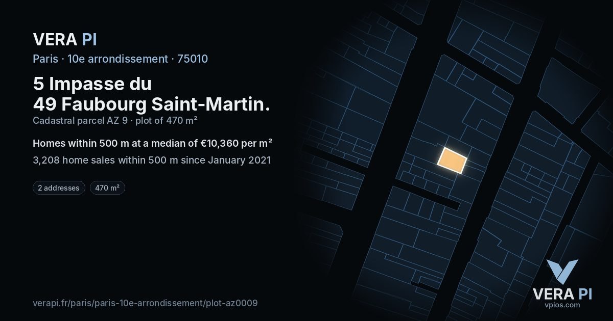 5 Impasse du 49 Faubourg Saint-Martin, 10e arrondissement at night – the plot lit, the parcels around coloured by the prices near them
