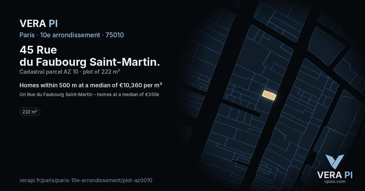 45 Rue du Faubourg Saint-Martin, 10e arrondissement at night – the plot lit, the parcels around coloured by the prices near them