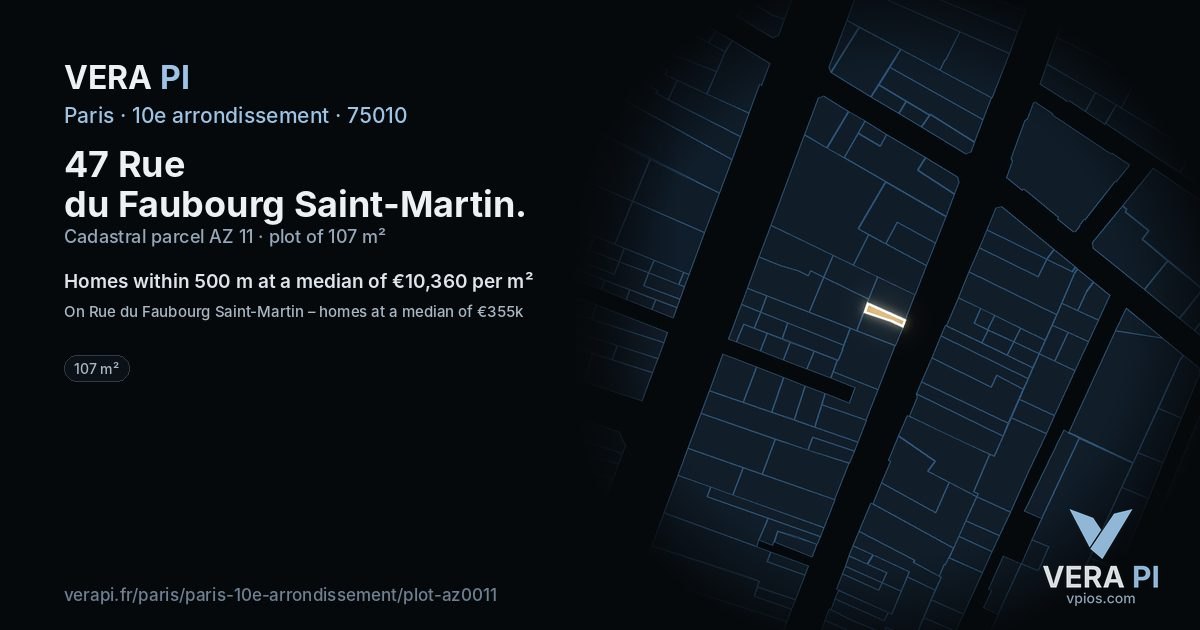 47 Rue du Faubourg Saint-Martin, 10e arrondissement at night – the plot lit, the parcels around coloured by the prices near them