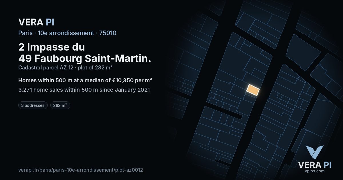 2 Impasse du 49 Faubourg Saint-Martin, 10e arrondissement at night – the plot lit, the parcels around coloured by the prices near them