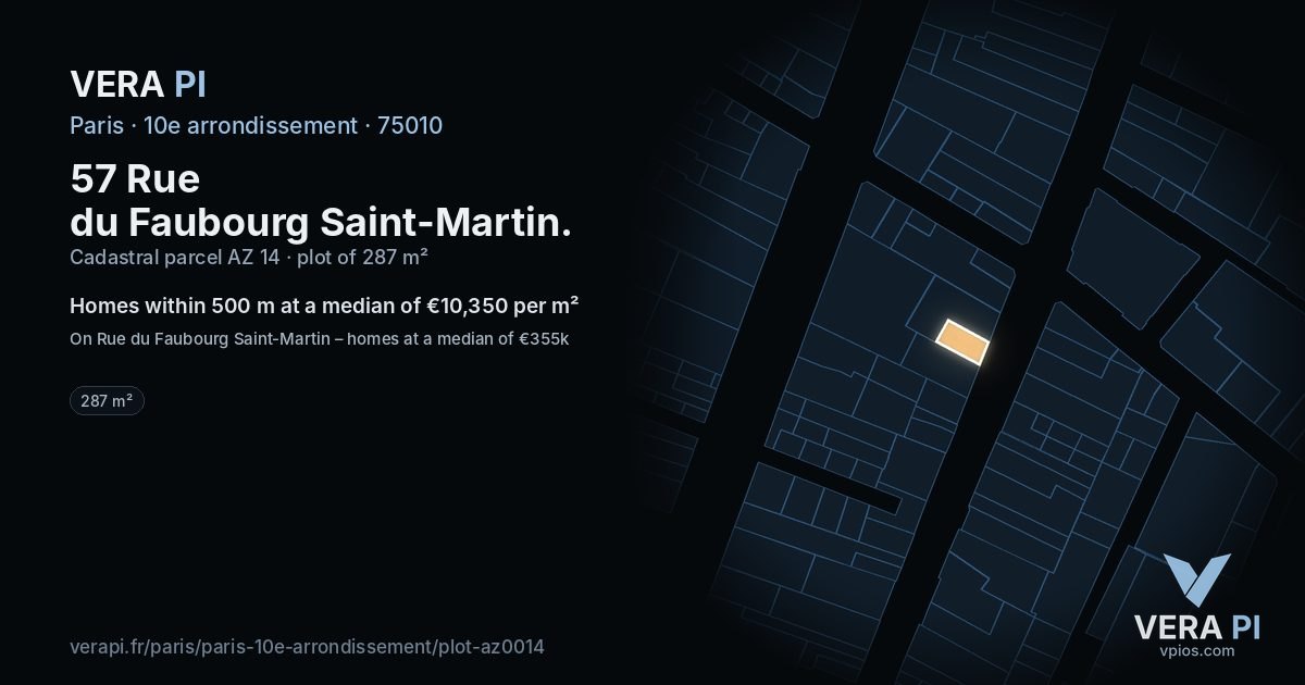 57 Rue du Faubourg Saint-Martin, 10e arrondissement at night – the plot lit, the parcels around coloured by the prices near them