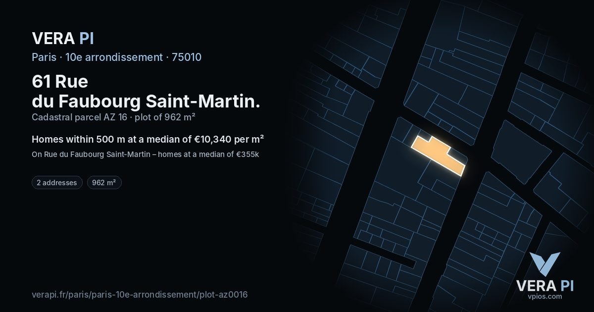 61 Rue du Faubourg Saint-Martin, 10e arrondissement at night – the plot lit, the parcels around coloured by the prices near them