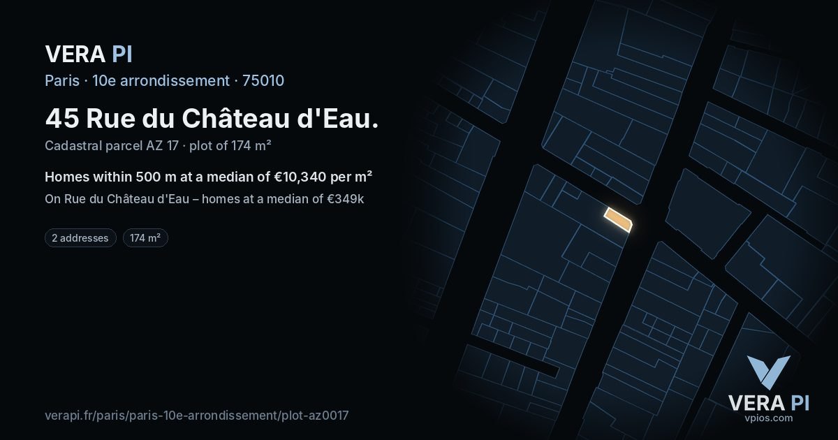 45 Rue du Château d'Eau, 10e arrondissement at night – the plot lit, the parcels around coloured by the prices near them