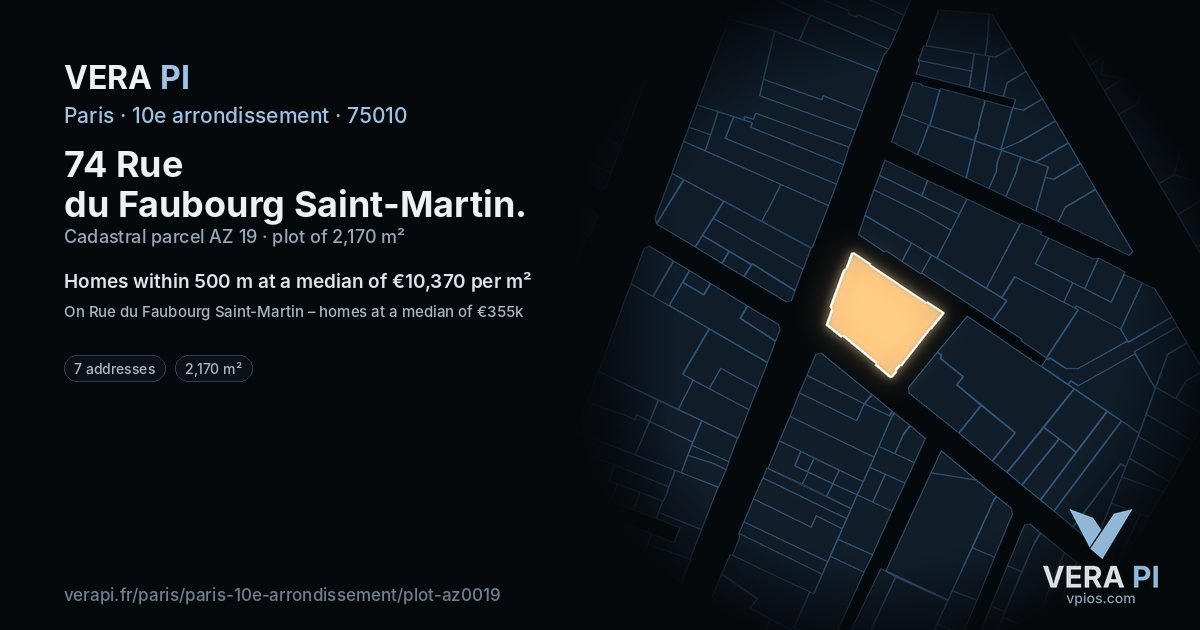 74 Rue du Faubourg Saint-Martin, 10e arrondissement at night – the plot lit, the parcels around coloured by the prices near them