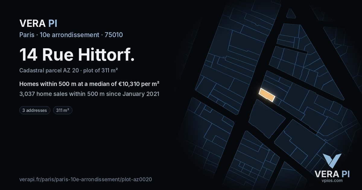 14 Rue Hittorf, 10e arrondissement at night – the plot lit, the parcels around coloured by the prices near them