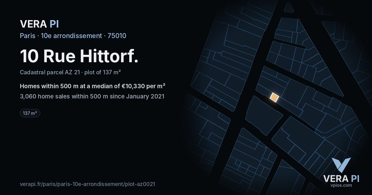 10 Rue Hittorf, 10e arrondissement at night – the plot lit, the parcels around coloured by the prices near them