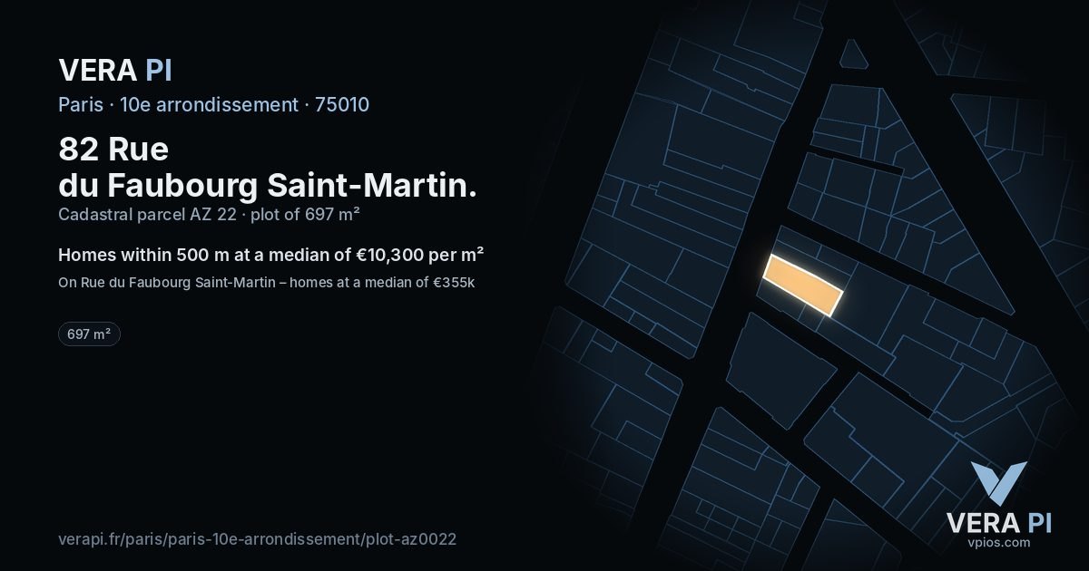 82 Rue du Faubourg Saint-Martin, 10e arrondissement at night – the plot lit, the parcels around coloured by the prices near them
