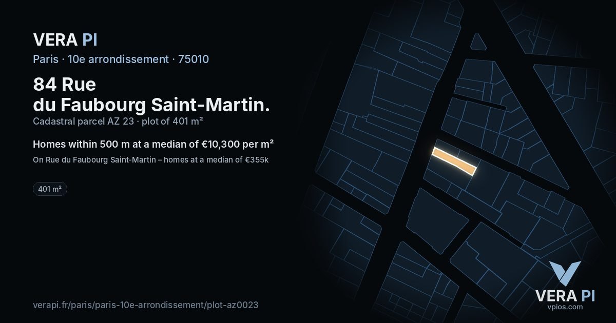 84 Rue du Faubourg Saint-Martin, 10e arrondissement at night – the plot lit, the parcels around coloured by the prices near them