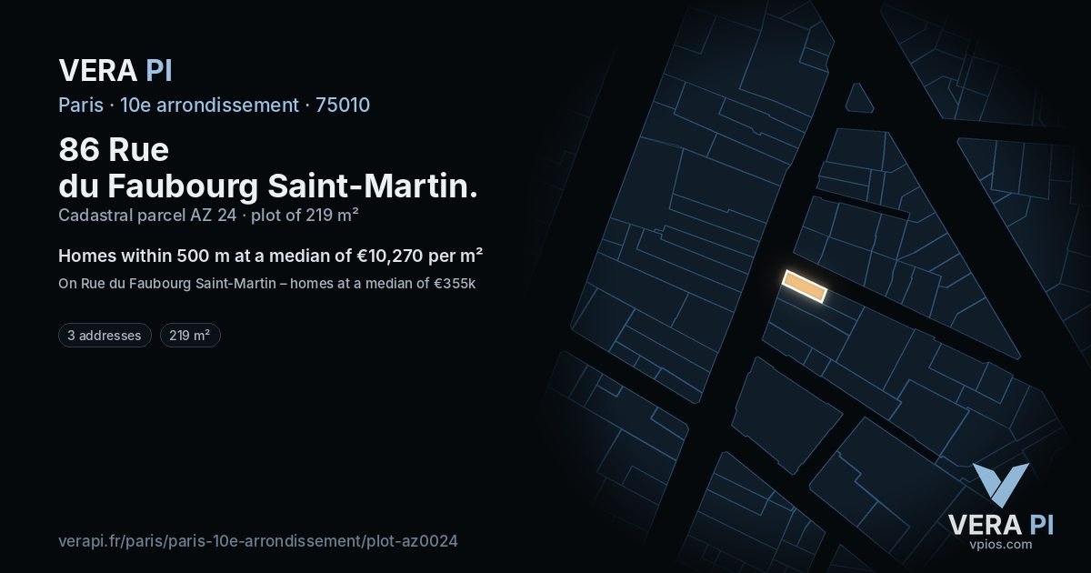 86 Rue du Faubourg Saint-Martin, 10e arrondissement at night – the plot lit, the parcels around coloured by the prices near them