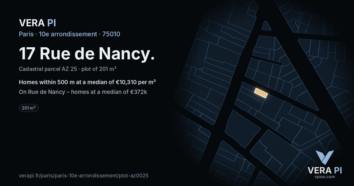 17 Rue de Nancy, 10e arrondissement at night – the plot lit, the parcels around coloured by the prices near them