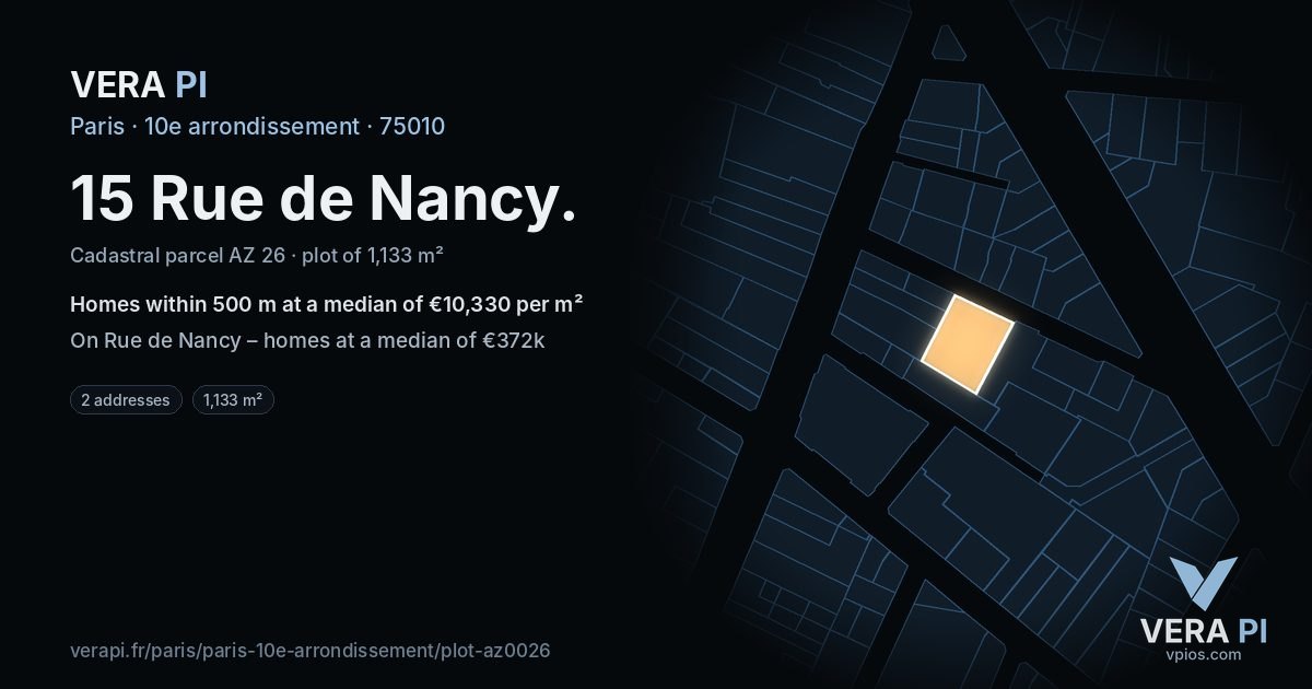 15 Rue de Nancy, 10e arrondissement at night – the plot lit, the parcels around coloured by the prices near them