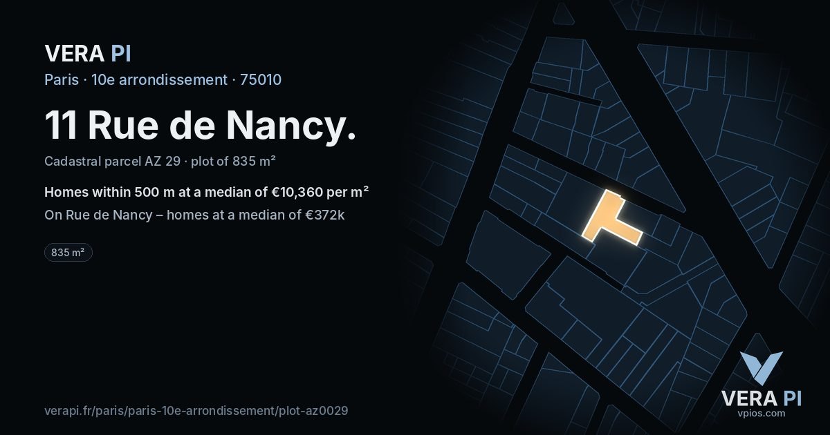 11 Rue de Nancy, 10e arrondissement at night – the plot lit, the parcels around coloured by the prices near them
