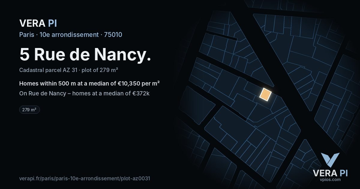 5 Rue de Nancy, 10e arrondissement at night – the plot lit, the parcels around coloured by the prices near them