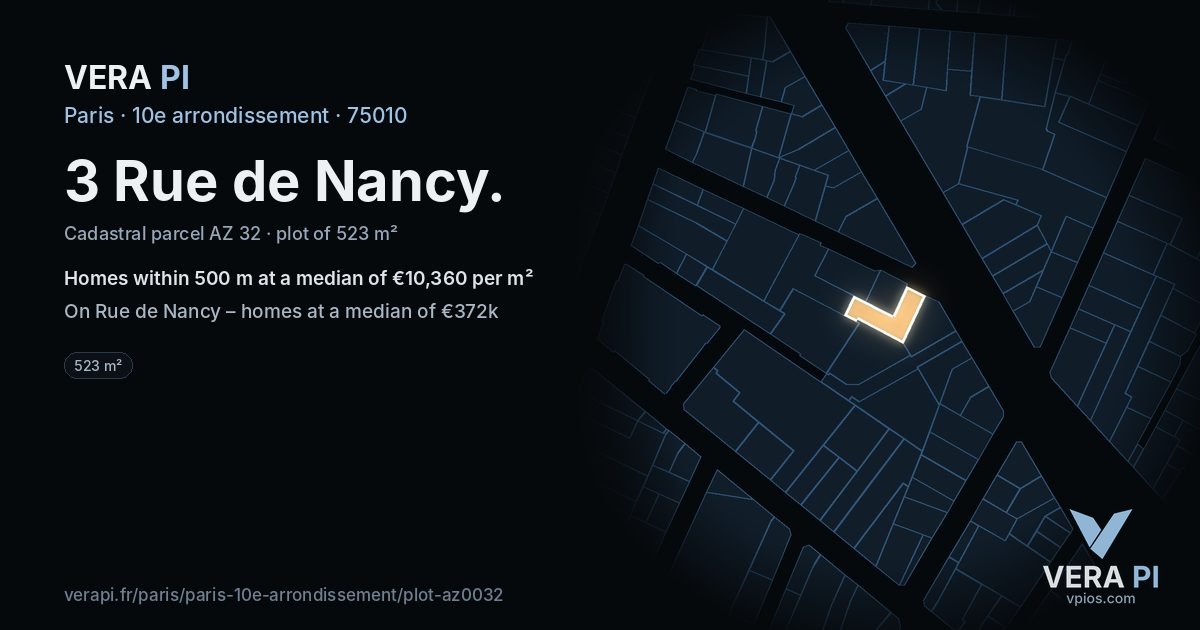 3 Rue de Nancy, 10e arrondissement at night – the plot lit, the parcels around coloured by the prices near them