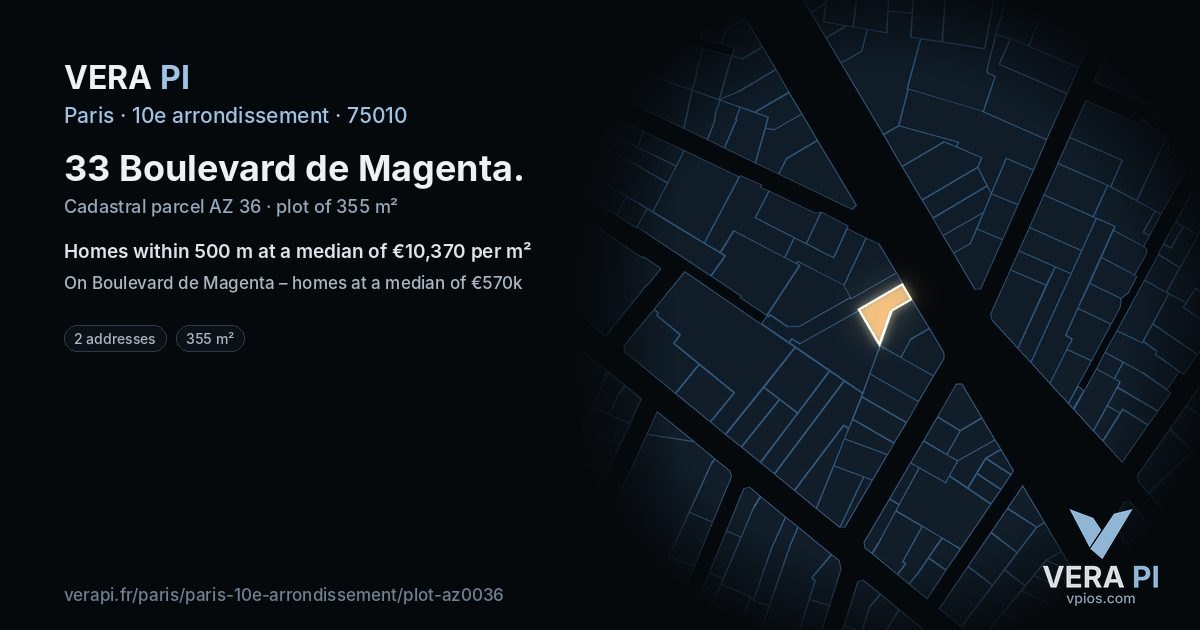 33 Boulevard de Magenta, 10e arrondissement at night – the plot lit, the parcels around coloured by the prices near them