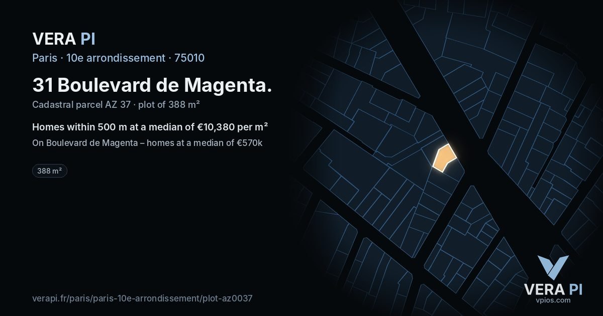31 Boulevard de Magenta, 10e arrondissement at night – the plot lit, the parcels around coloured by the prices near them