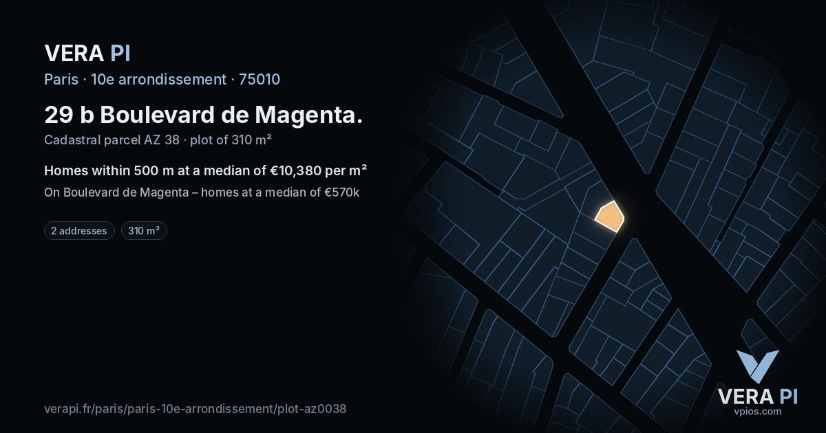 29 b Boulevard de Magenta, 10e arrondissement at night – the plot lit, the parcels around coloured by the prices near them