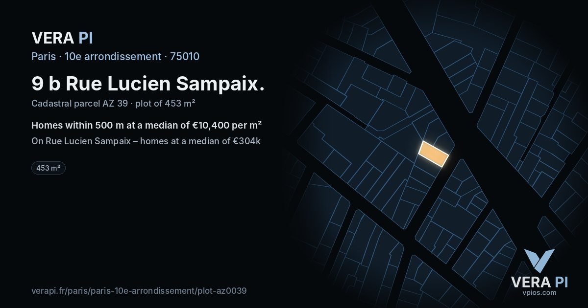 9 b Rue Lucien Sampaix, 10e arrondissement at night – the plot lit, the parcels around coloured by the prices near them
