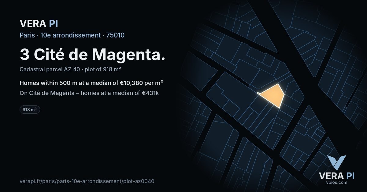 3 Cité de Magenta, 10e arrondissement at night – the plot lit, the parcels around coloured by the prices near them